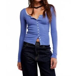 NEW FREE PEOPLE end game pointelle long sleeve top in periwinkle